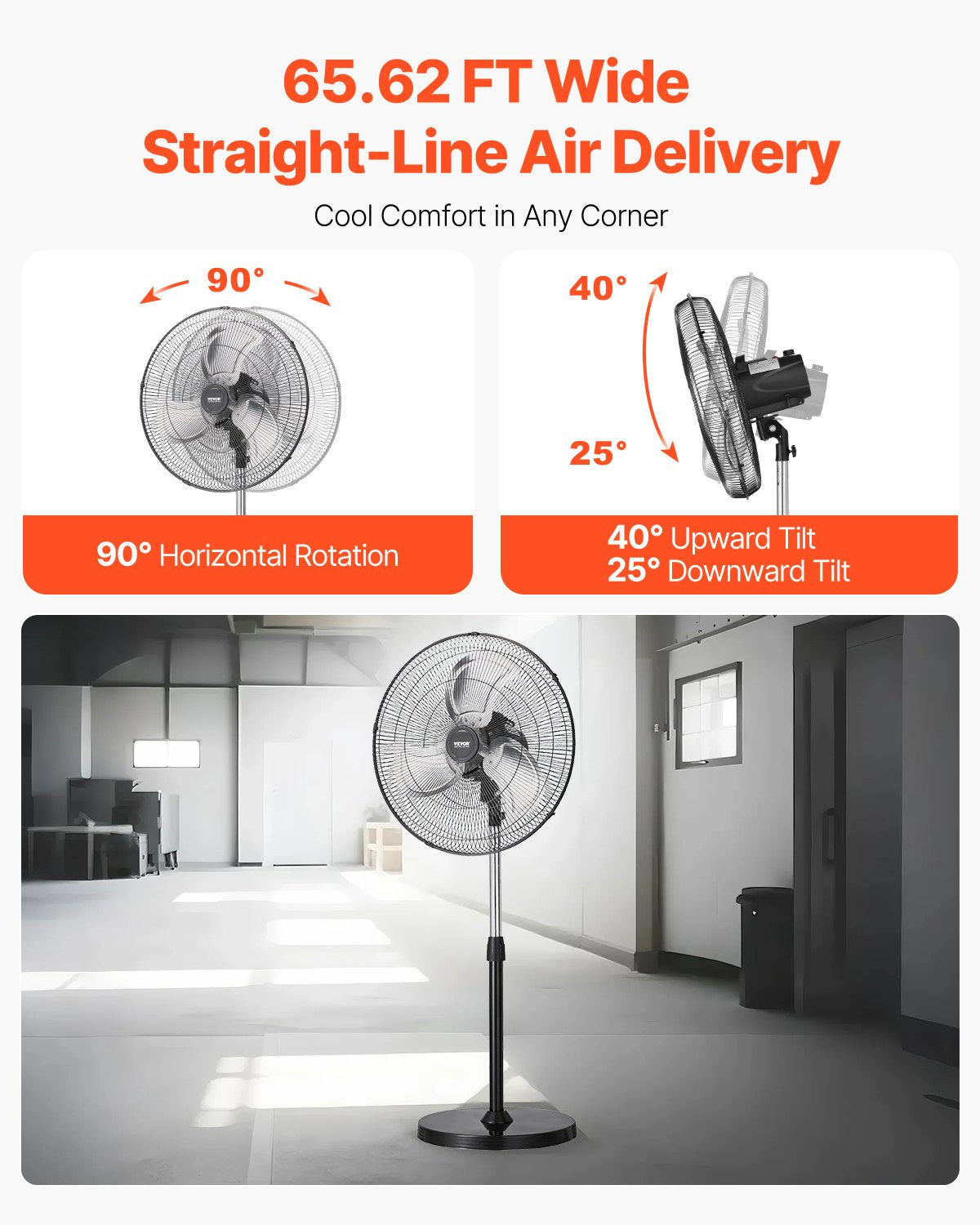 Industrial Pedestal Fan, 20 Inch 90-Degree Oscillating Fan, Height Adjustable Standing Fans with 3 Adjustable Speeds, High Power Floor Fans for Bedroom, Living Room, Home, Office, Black