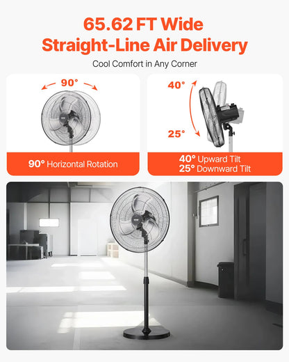 Industrial Pedestal Fan, 20 Inch 90-Degree Oscillating Fan, Height Adjustable Standing Fans with 3 Adjustable Speeds, High Power Floor Fans for Bedroom, Living Room, Home, Office, Black