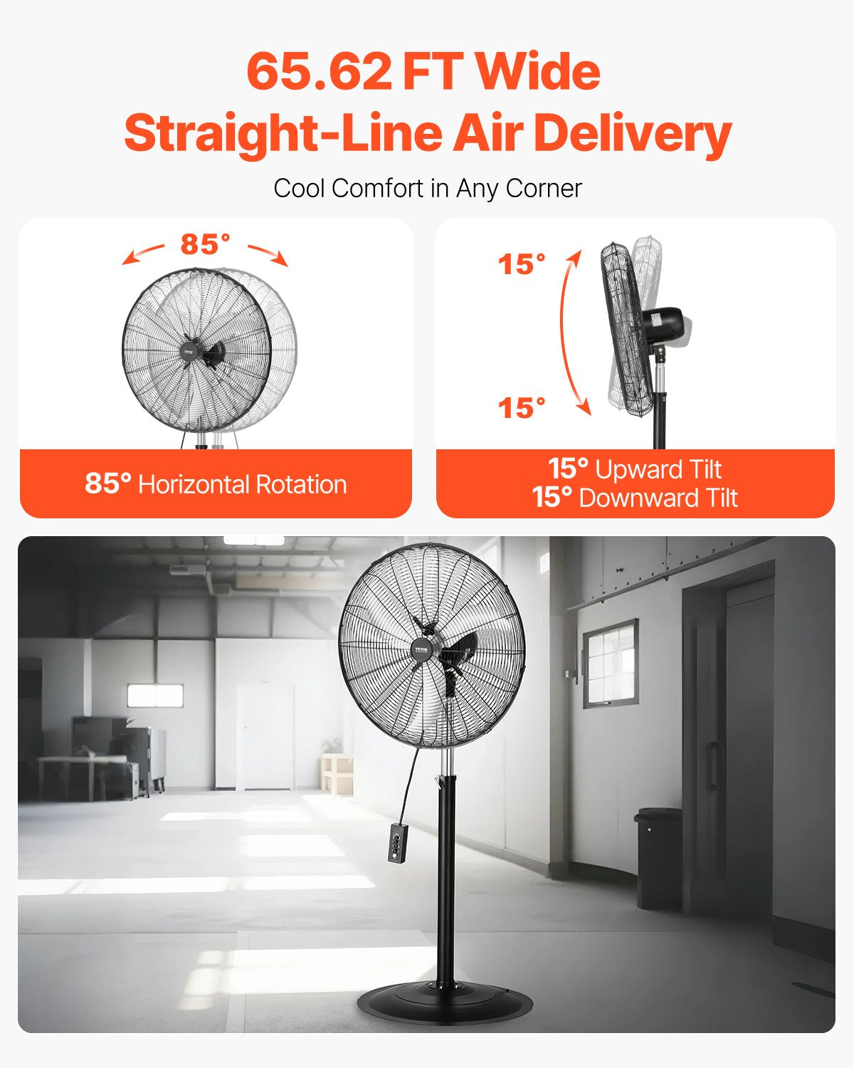 Industrial Pedestal Fan, 30 Inch 85-Degree Oscillating Fan, Height Adjustable Standing Fans with 3 Adjustable Speeds, High Power Floor Fans for Bedroom, Living Room, Home, Office, Black