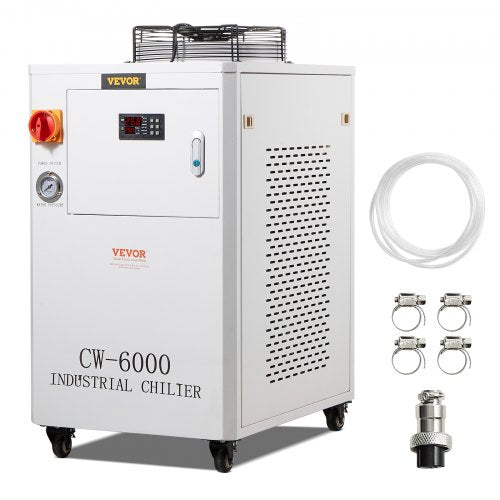 Industriell vattenkylare, CW6000, 1500W industriell vattenkylare kylsystem med kompressor 15L vattentankkapacitet 65 L/min Max flödeshastighet, för CO2-lasergraveringsmaskin kylmaskin