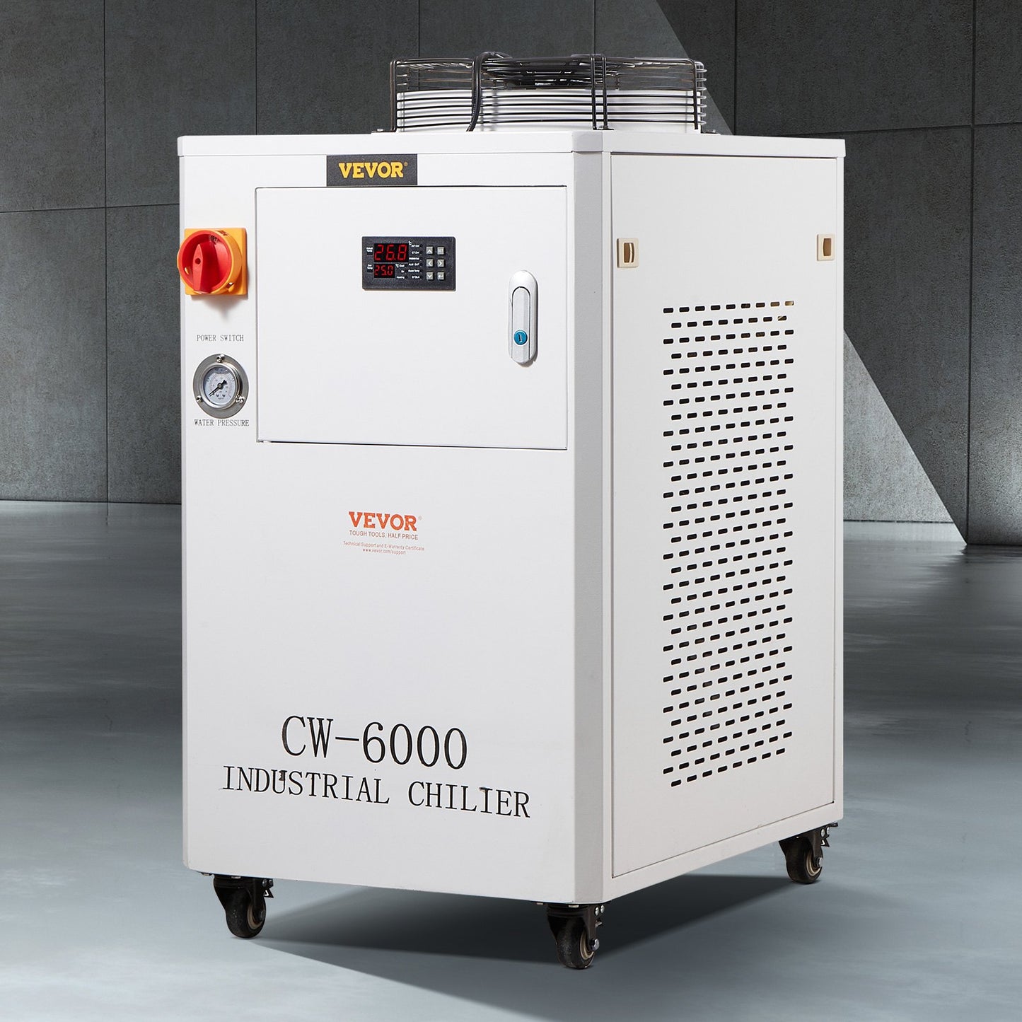 Industriell vattenkylare, CW6000, 1500W industriell vattenkylare kylsystem med kompressor 15L vattentankkapacitet 65 L/min Max flödeshastighet, för CO2-lasergraveringsmaskin kylmaskin