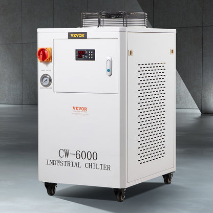 Industriell vattenkylare, CW6000, 1500W industriell vattenkylare kylsystem med kompressor 15L vattentankkapacitet 65 L/min Max flödeshastighet, för CO2-lasergraveringsmaskin kylmaskin