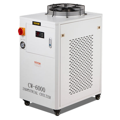 Industriell vattenkylare, CW6000, 1500W industriell vattenkylare kylsystem med kompressor 15L vattentankkapacitet 65 L/min Max flödeshastighet, för CO2-lasergraveringsmaskin kylmaskin