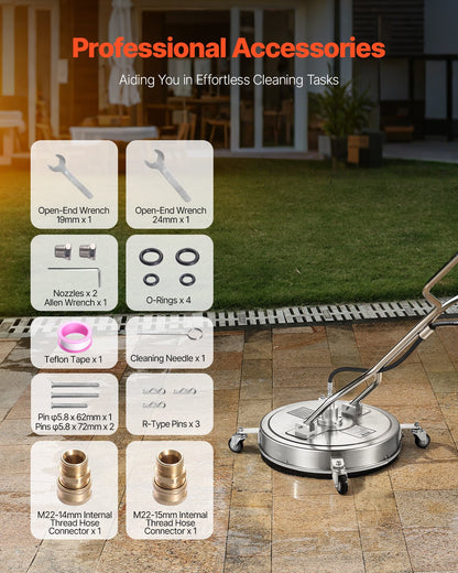 22" högtryckstvättsrengöringsmedel för ytor, högtryckstvättstillbehör i rostfritt stål med 4 hjul, 4500 max. psi, 3/8 snabbkoppling, 2 sprutmunstycken, dubbelt handtag, för betong, uteplats, trottoar