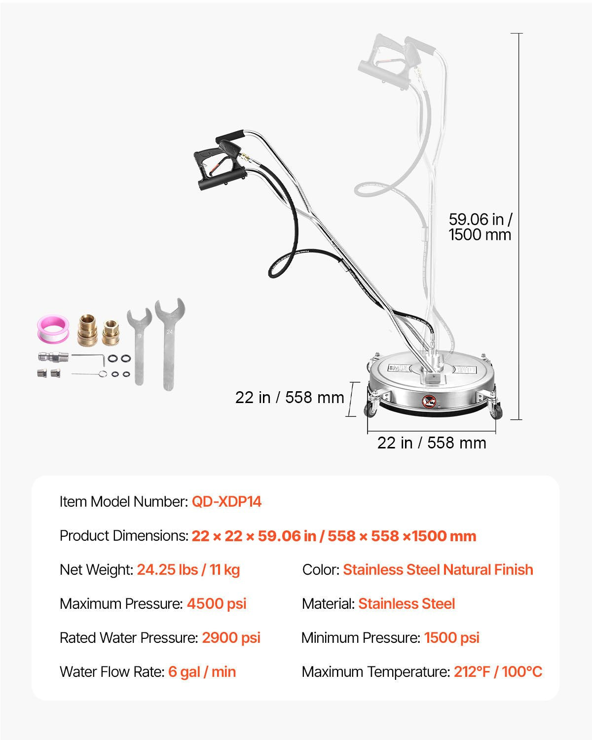 22" högtryckstvättsrengöringsmedel för ytor, högtryckstvättstillbehör i rostfritt stål med 4 hjul, 4500 max. psi, 3/8 snabbkoppling, 2 sprutmunstycken, dubbelt handtag, för betong, uteplats, trottoar