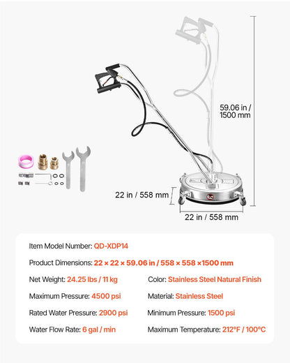 22" högtryckstvättsrengöringsmedel för ytor, högtryckstvättstillbehör i rostfritt stål med 4 hjul, 4500 max. psi, 3/8 snabbkoppling, 2 sprutmunstycken, dubbelt handtag, för betong, uteplats, trottoar