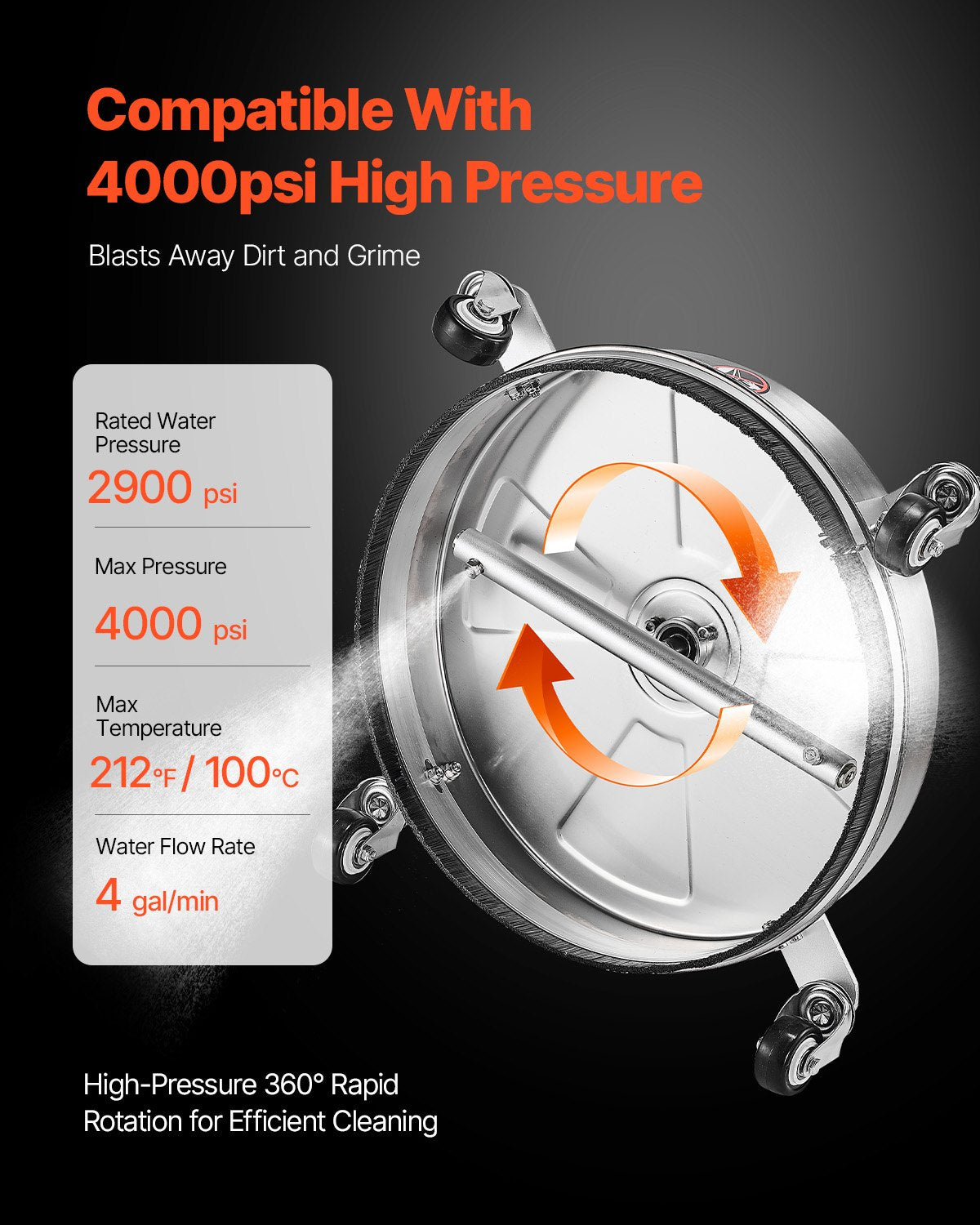 15" högtryckstvättsrengöring för ytor, högtryckstvättstillbehör i rostfritt stål med 4 hjul, 4000 max. psi, 1/4 snabbkoppling, 2 sprutmunstycken, 2 förlängda skaft för betong, uteplats, däck