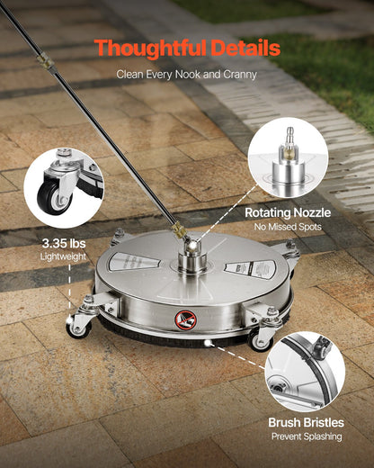 15" högtryckstvättsrengöring för ytor, högtryckstvättstillbehör i rostfritt stål med 4 hjul, 4000 max. psi, 1/4 snabbkoppling, 2 sprutmunstycken, 2 förlängda skaft för betong, uteplats, däck