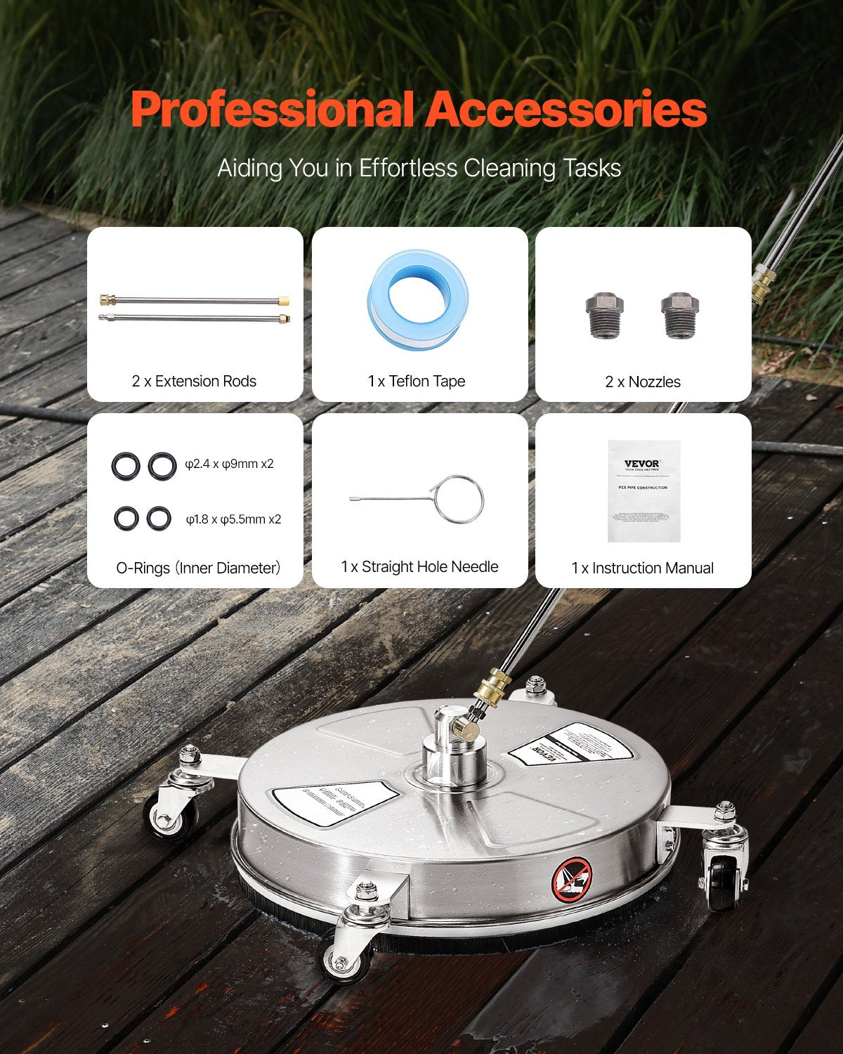 15" högtryckstvättsrengöring för ytor, högtryckstvättstillbehör i rostfritt stål med 4 hjul, 4000 max. psi, 1/4 snabbkoppling, 2 sprutmunstycken, 2 förlängda skaft för betong, uteplats, däck