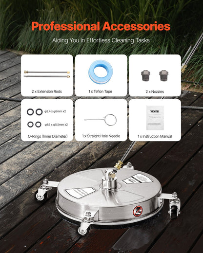 15" högtryckstvättsrengöring för ytor, högtryckstvättstillbehör i rostfritt stål med 4 hjul, 4000 max. psi, 1/4 snabbkoppling, 2 sprutmunstycken, 2 förlängda skaft för betong, uteplats, däck