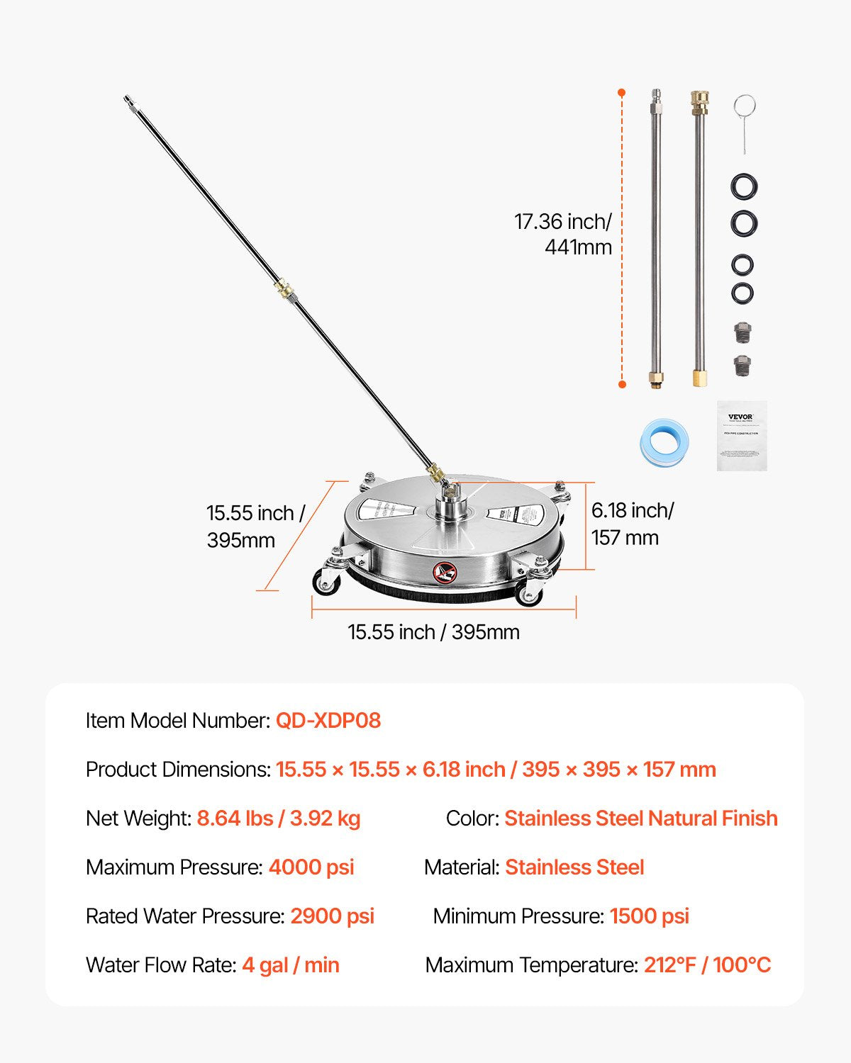 15" högtryckstvättsrengöring för ytor, högtryckstvättstillbehör i rostfritt stål med 4 hjul, 4000 max. psi, 1/4 snabbkoppling, 2 sprutmunstycken, 2 förlängda skaft för betong, uteplats, däck