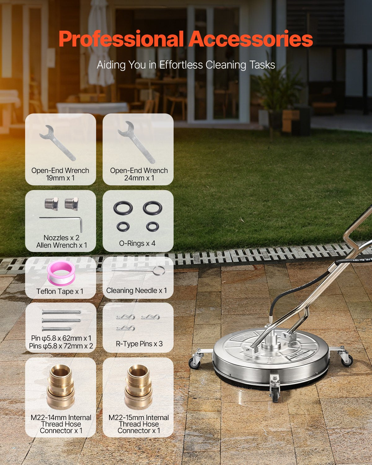 24" högtryckstvättsrengöring för ytor, högtryckstvättstillbehör i rostfritt stål med 4 hjul, 4000 max. psi, 3/8 snabbkoppling, 2 sprutmunstycken, dubbelt handtag, för betong, uteplats, trottoar