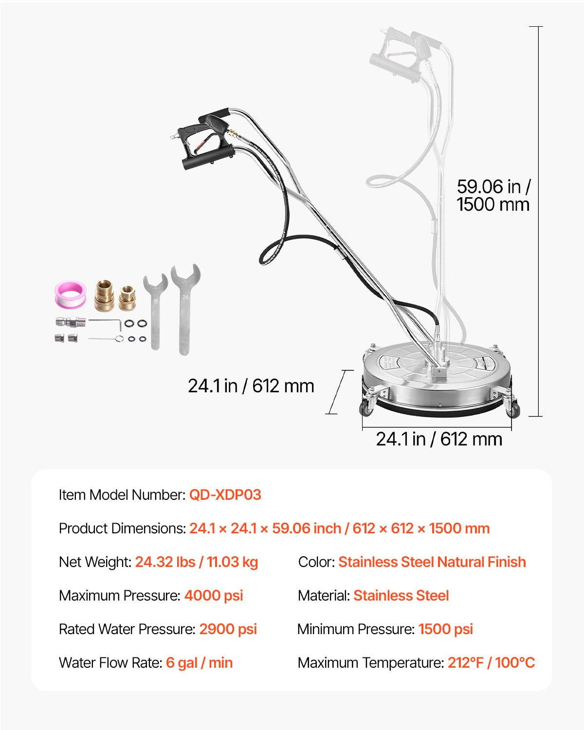 24" högtryckstvättsrengöring för ytor, högtryckstvättstillbehör i rostfritt stål med 4 hjul, 4000 max. psi, 3/8 snabbkoppling, 2 sprutmunstycken, dubbelt handtag, för betong, uteplats, trottoar