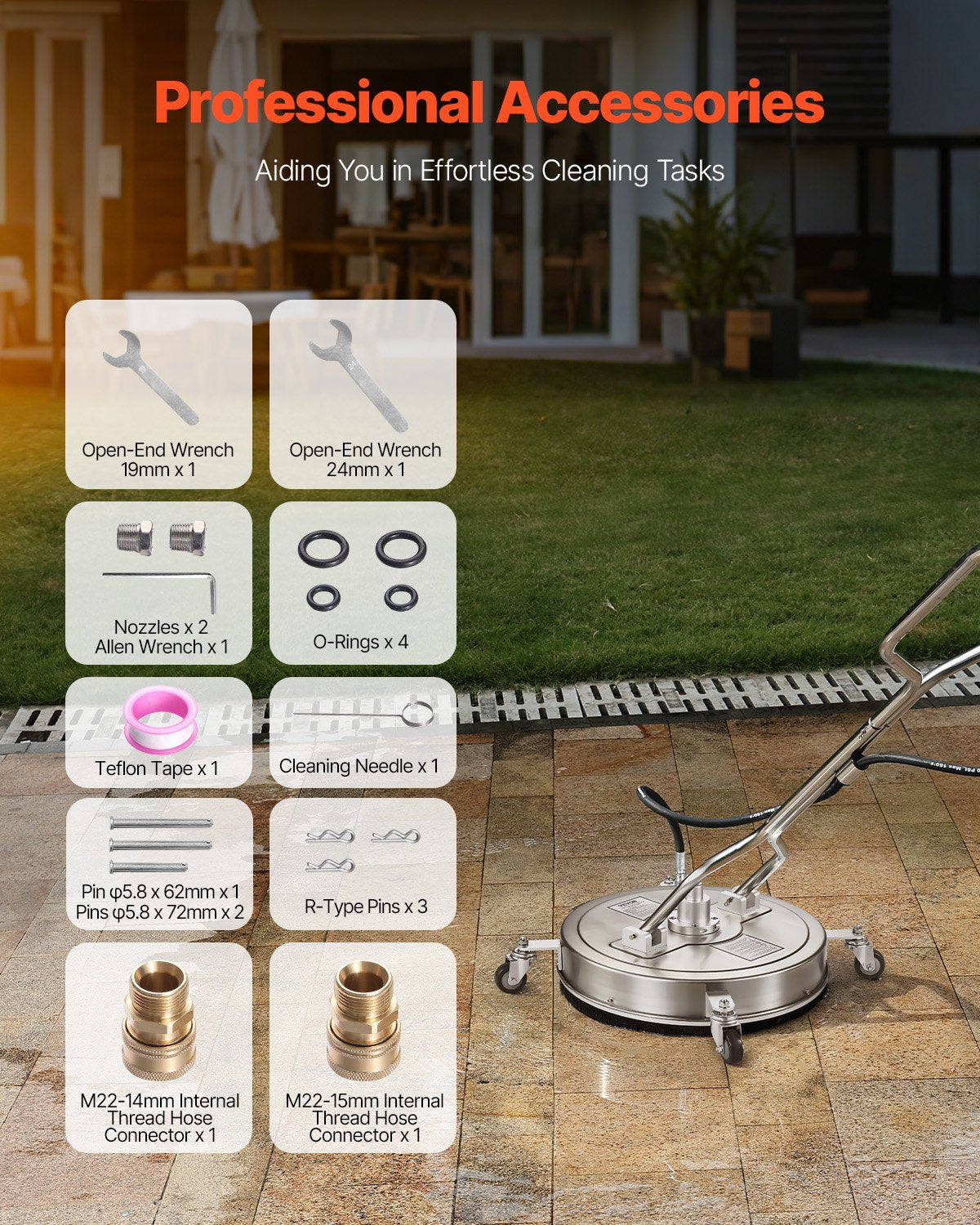 21" högtryckstvättsrengöring för ytor, högtryckstvättstillbehör i rostfritt stål med 4 hjul, 4500 max. psi, 3/8 snabbkoppling, 2 sprutmunstycken, dubbelt handtag, för betong, uteplats, trottoar