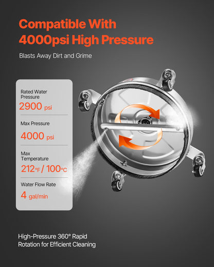 14" högtryckstvättsrengöring för ytor, högtryckstvättstillbehör i rostfritt stål med 4 hjul, 4000 max. psi, 1/4 snabbkoppling, 2 sprutmunstycken, 2 förlängda skaft för betong, uteplats, däck