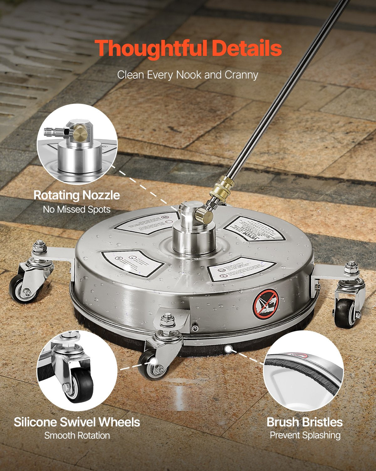14" högtryckstvättsrengöring för ytor, högtryckstvättstillbehör i rostfritt stål med 4 hjul, 4000 max. psi, 1/4 snabbkoppling, 2 sprutmunstycken, 2 förlängda skaft för betong, uteplats, däck