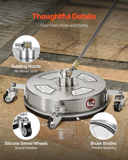 14" högtryckstvättsrengöring för ytor, högtryckstvättstillbehör i rostfritt stål med 4 hjul, 4000 max. psi, 1/4 snabbkoppling, 2 sprutmunstycken, 2 förlängda skaft för betong, uteplats, däck