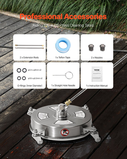 14" högtryckstvättsrengöring för ytor, högtryckstvättstillbehör i rostfritt stål med 4 hjul, 4000 max. psi, 1/4 snabbkoppling, 2 sprutmunstycken, 2 förlängda skaft för betong, uteplats, däck