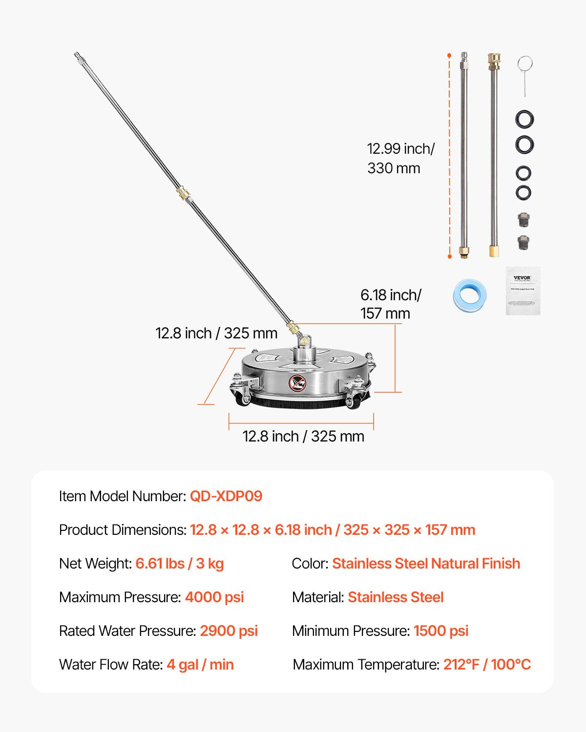 14" högtryckstvättsrengöring för ytor, högtryckstvättstillbehör i rostfritt stål med 4 hjul, 4000 max. psi, 1/4 snabbkoppling, 2 sprutmunstycken, 2 förlängda skaft för betong, uteplats, däck