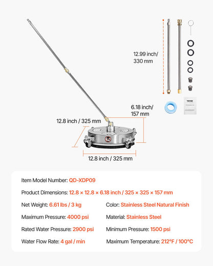 14" högtryckstvättsrengöring för ytor, högtryckstvättstillbehör i rostfritt stål med 4 hjul, 4000 max. psi, 1/4 snabbkoppling, 2 sprutmunstycken, 2 förlängda skaft för betong, uteplats, däck
