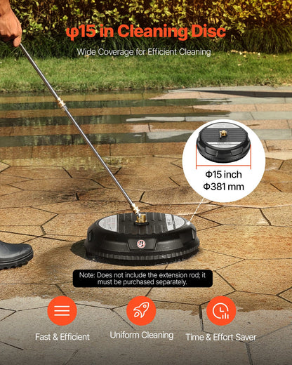 15" högtryckstvätt ytrengörare, plasttillbehör för högtryckstvätt med 4 hjul, 4000 max PSI, 1/4 snabbkoppling, 2 sprutmunstycken, perfekt för uppfarter, trottoarer, uteplatser, däck, svart