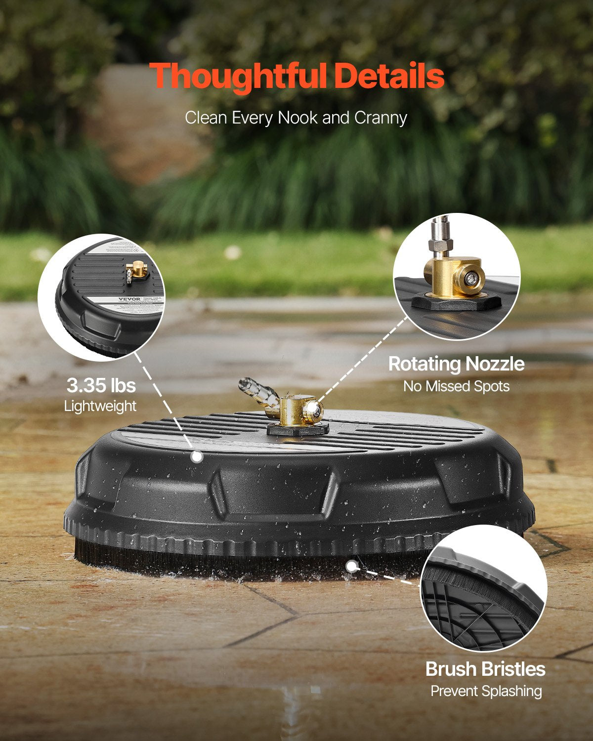 15" högtryckstvätt ytrengörare, plasttillbehör för högtryckstvätt med 4 hjul, 4000 max PSI, 1/4 snabbkoppling, 2 sprutmunstycken, perfekt för uppfarter, trottoarer, uteplatser, däck, svart