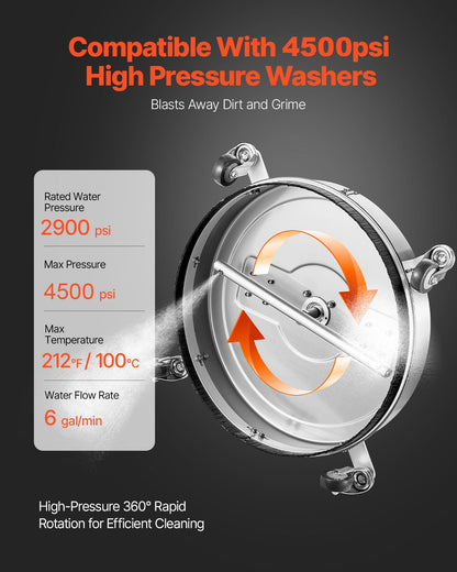 20" högtryckstvättsrengöring för ytor, högtryckstvättstillbehör i rostfritt stål med 4 hjul, 4500 max. psi, 3/8 snabbkoppling, 2 sprutmunstycken, dubbelt handtag, för betong, uteplats, trottoar