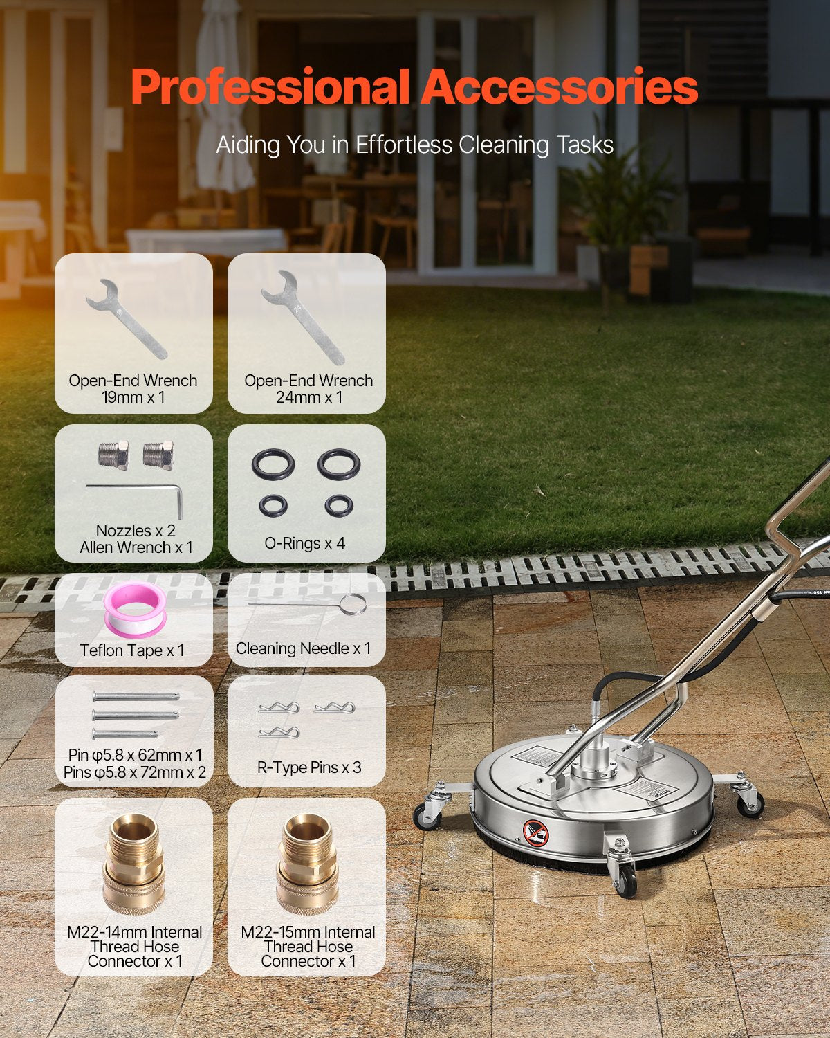 20" högtryckstvättsrengöring för ytor, högtryckstvättstillbehör i rostfritt stål med 4 hjul, 4500 max. psi, 3/8 snabbkoppling, 2 sprutmunstycken, dubbelt handtag, för betong, uteplats, trottoar