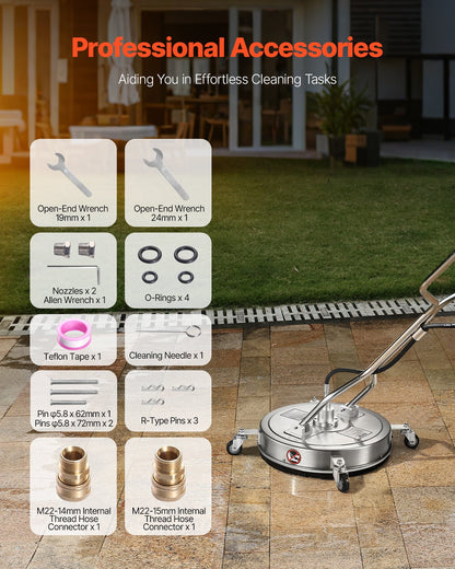 20" högtryckstvättsrengöring för ytor, högtryckstvättstillbehör i rostfritt stål med 4 hjul, 4500 max. psi, 3/8 snabbkoppling, 2 sprutmunstycken, dubbelt handtag, för betong, uteplats, trottoar