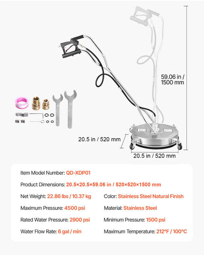20" högtryckstvättsrengöring för ytor, högtryckstvättstillbehör i rostfritt stål med 4 hjul, 4500 max. psi, 3/8 snabbkoppling, 2 sprutmunstycken, dubbelt handtag, för betong, uteplats, trottoar