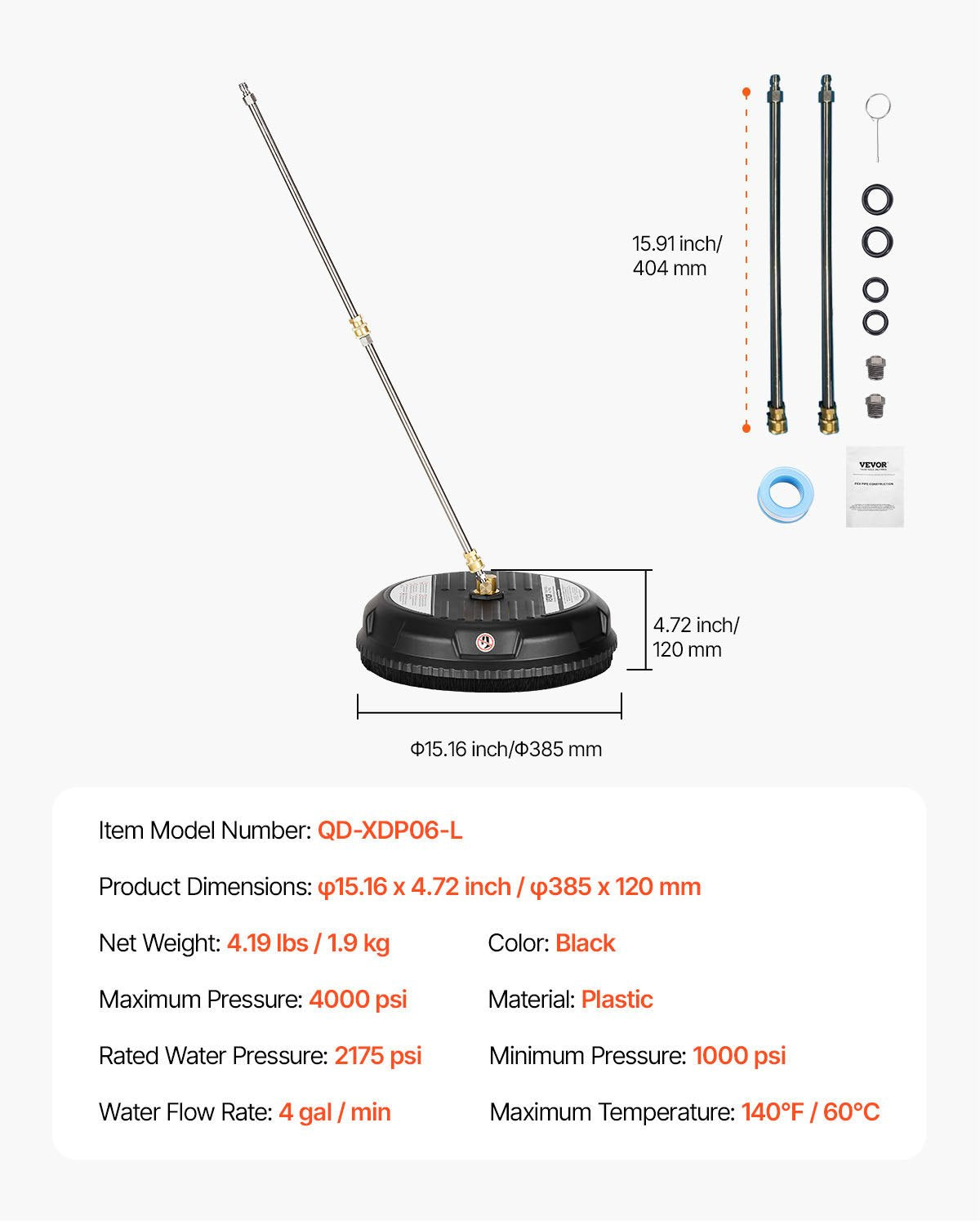 15" högtryckstvättsrengöring för ytor, högtryckstvättstillbehör i plast med 4 hjul, 4000 max. psi, 1/4 snabbkoppling, 2 sprutmunstycken, 2 förlängda skaft för uppfart, trottoar, uteplats, altan