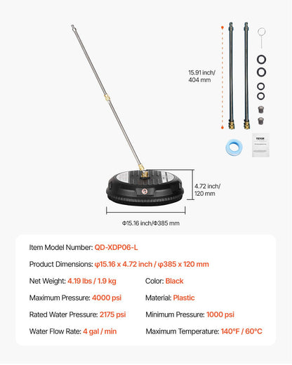 15" högtryckstvättsrengöring för ytor, högtryckstvättstillbehör i plast med 4 hjul, 4000 max. psi, 1/4 snabbkoppling, 2 sprutmunstycken, 2 förlängda skaft för uppfart, trottoar, uteplats, altan