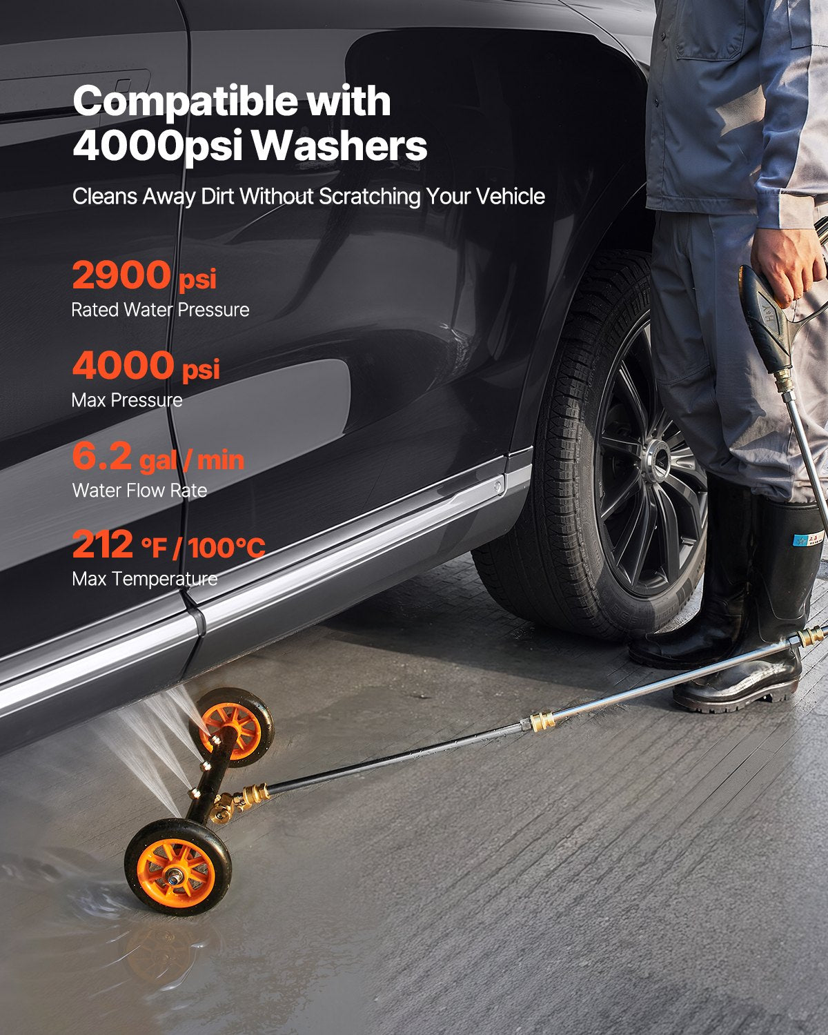 16" Pressure Washer Undercarriage Cleaner, Stainless Steel Surface Cleaner for Pressure Washer, 4000 Max PSI, Angle Adjustment Gear, 4 Spray Nozzles, 2 Extended Wands for Driveway, Patio, Deck