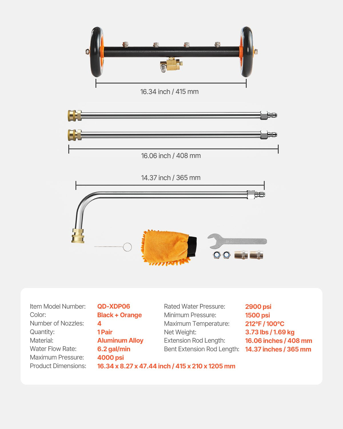 16" Pressure Washer Undercarriage Cleaner, Stainless Steel Surface Cleaner for Pressure Washer, 4000 Max PSI, Angle Adjustment Gear, 4 Spray Nozzles, 2 Extended Wands for Driveway, Patio, Deck