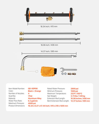 16" Pressure Washer Undercarriage Cleaner, Stainless Steel Surface Cleaner for Pressure Washer, 4000 Max PSI, Angle Adjustment Gear, 4 Spray Nozzles, 2 Extended Wands for Driveway, Patio, Deck