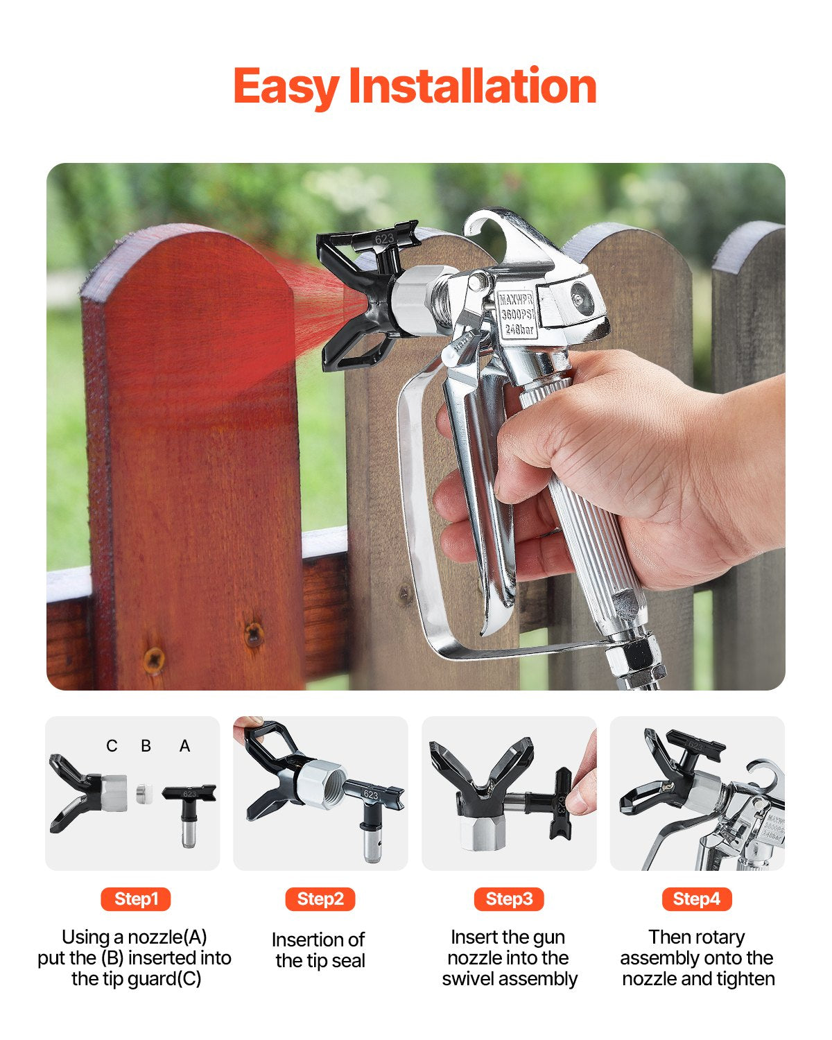 Högtryckssprutpistol, 3600PSI högtryckssprutpistol med 5 munstycken, 211, 315, 417, 517, 623, svängbar högtryckssprutpistolsats med filter, rengöringsnål och borste