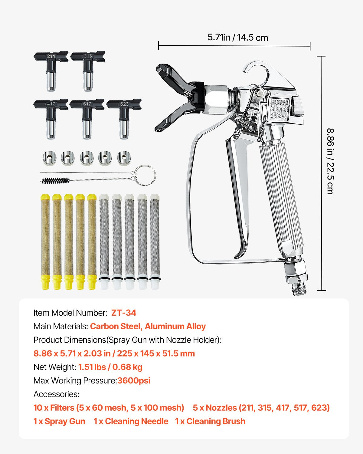 Högtryckssprutpistol, 3600PSI högtryckssprutpistol med 5 munstycken, 211, 315, 417, 517, 623, svängbar högtryckssprutpistolsats med filter, rengöringsnål och borste