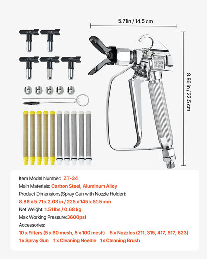 Högtryckssprutpistol, 3600PSI högtryckssprutpistol med 5 munstycken, 211, 315, 417, 517, 623, svängbar högtryckssprutpistolsats med filter, rengöringsnål och borste