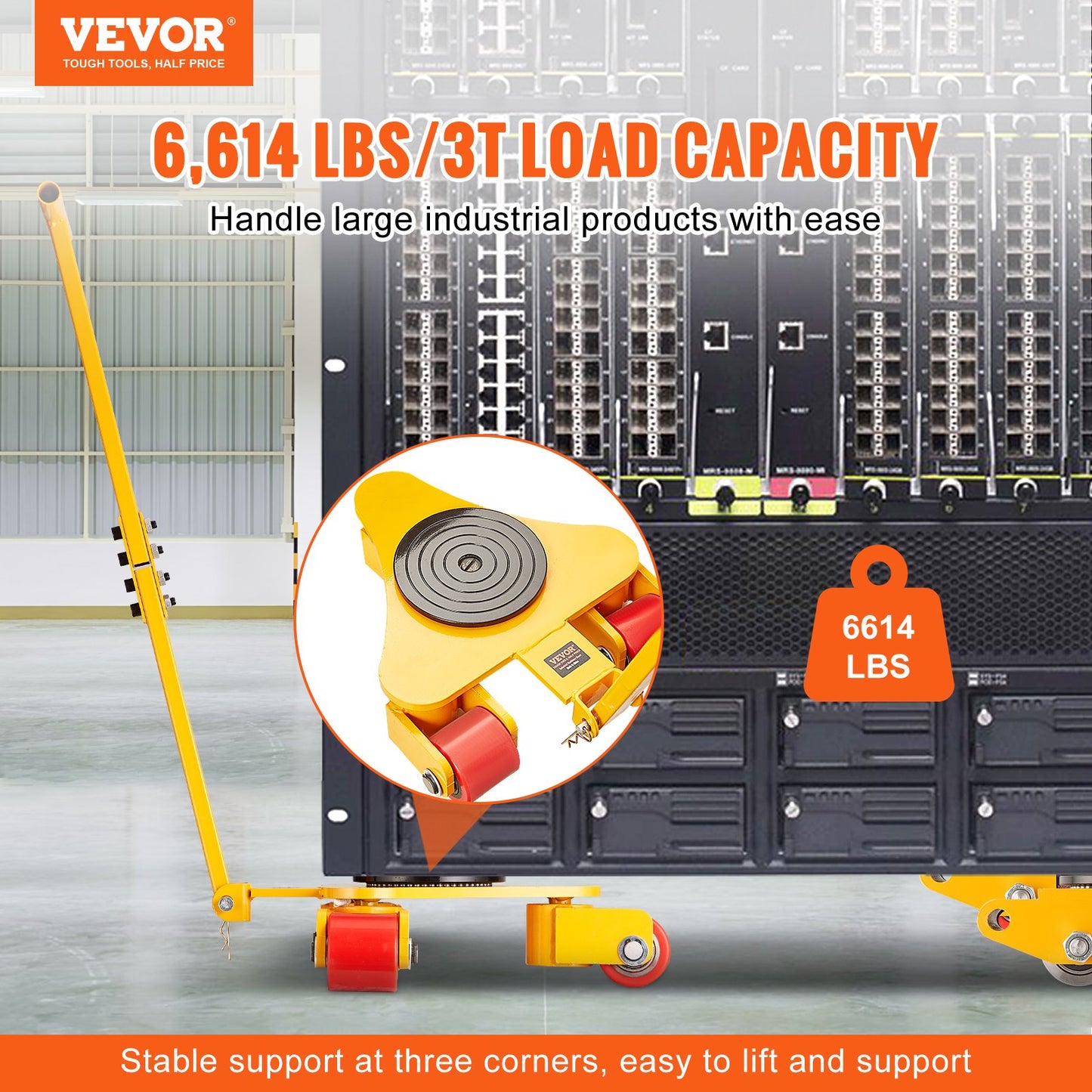Machinery Skate Dolly, 6614 LBS/3T Industrial Machinery Mover with Handle, Carbon Steel Machinery Moving Skate with 3 360° Swivel PU Wheels, 360° Rotation Non-Slip Cap for Warehouse, Workshop