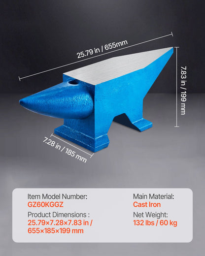 Single Horn Anvil 132Lbs Cast Steel Anvil Blacksmith for Sale Forge Steel Tools with Round and Square Hole and Equipment Anvil Rugged Blacksmith Jewelers Durable and Robust Metal Working Tool