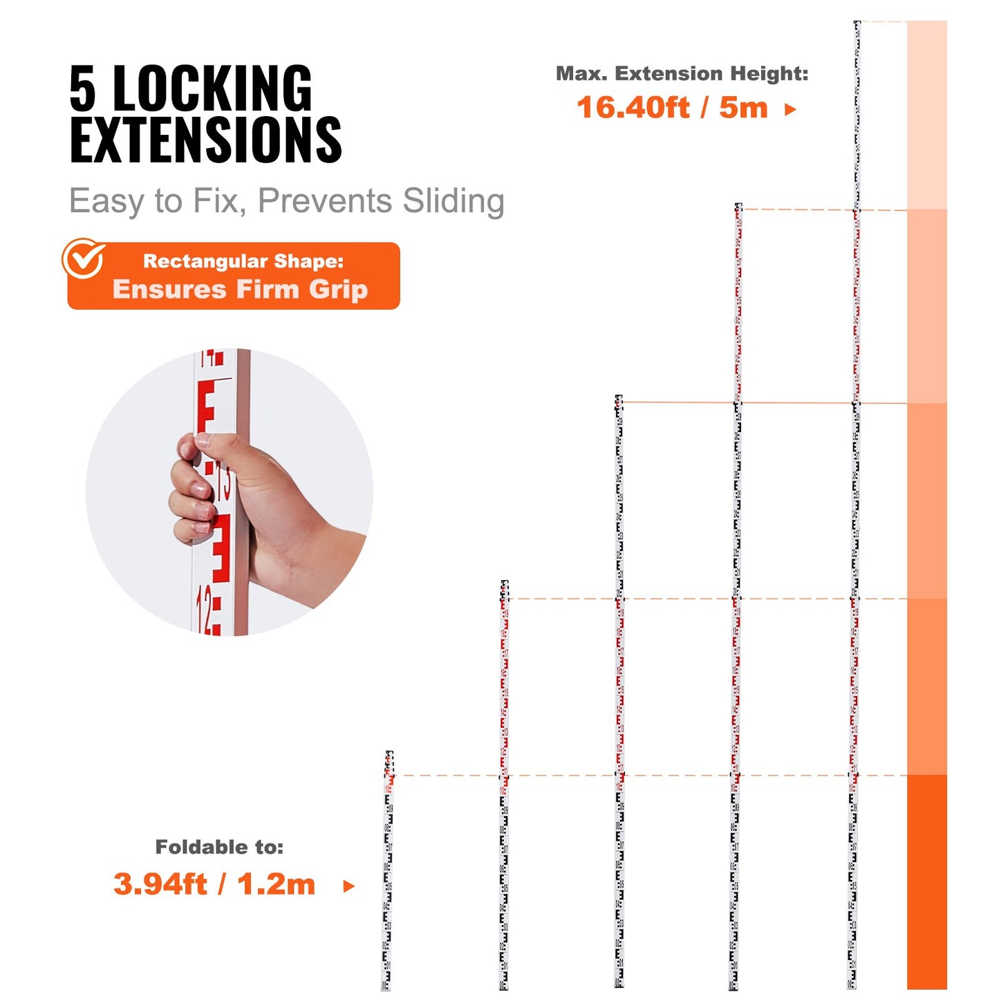 Aluminum Grade Rod, 5M Metric Telescopic Measuring Rod, Double-Sided Scale in CM/MM Leveling Rod Stick,Aluminum Alloy Survey Rod with Bubble Level &Carrying Bag for Measuring Houses,Walls,Floors