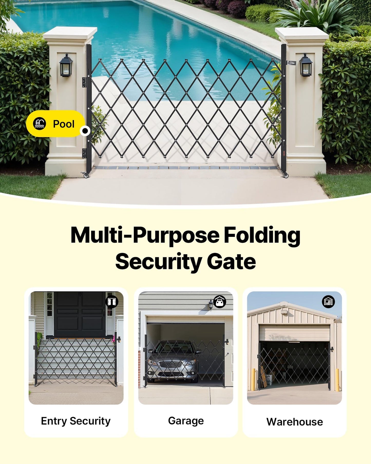 Single Folding Security Gate, Lockable Scissor Gate with 360° Swivel Casters, Outdoor Barricade Steel Retractable Gates, for Entry Security, Garage, Warehouse & Pool, 190 × 131 cm (W × H)