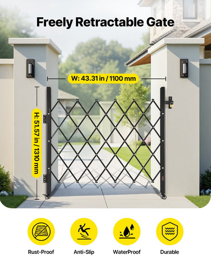 Single Folding Security Gate, Lockable Scissor Gate with 360° Swivel Casters, Outdoor Barricade Steel Retractable Gates, for Entry Security, Garage, Warehouse & Pool, 110 × 131 cm (W × H)