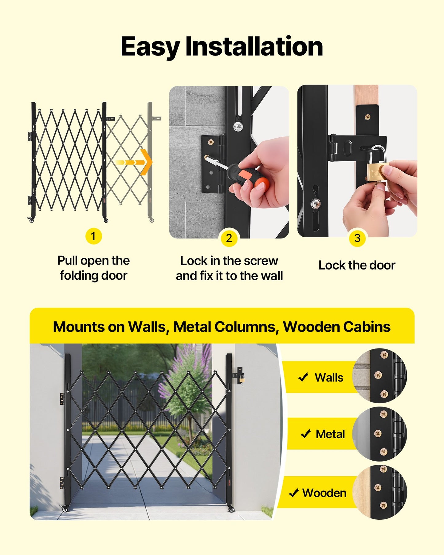 Single Folding Security Gate, Lockable Scissor Gate with 360° Swivel Casters, Outdoor Barricade Steel Retractable Gates, for Entry Security, Garage, Warehouse & Pool, 110 × 131 cm (W × H)