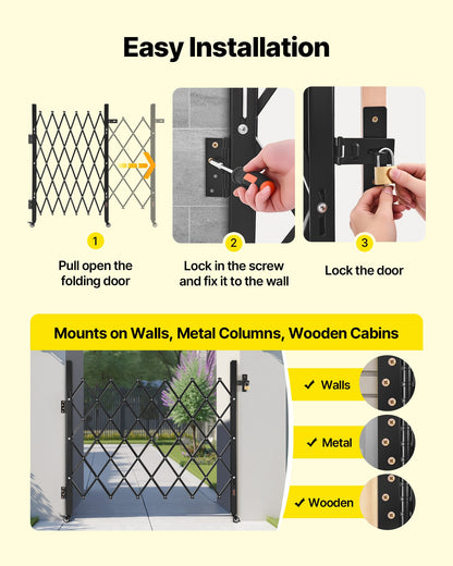 Single Folding Security Gate, Lockable Scissor Gate with 360° Swivel Casters, Outdoor Barricade Steel Retractable Gates, for Entry Security, Garage, Warehouse & Pool, 110 × 131 cm (W × H)