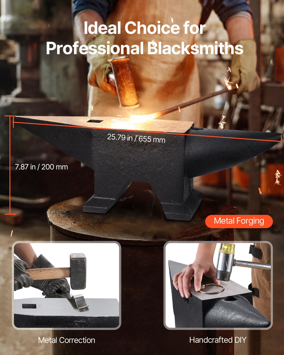 Städ i gjutet stål, 60 kg städ i ett horn med stor bänkskiva och stabil bas, höghårdhet, robust runt hornstäd, smed, för bockning, formning