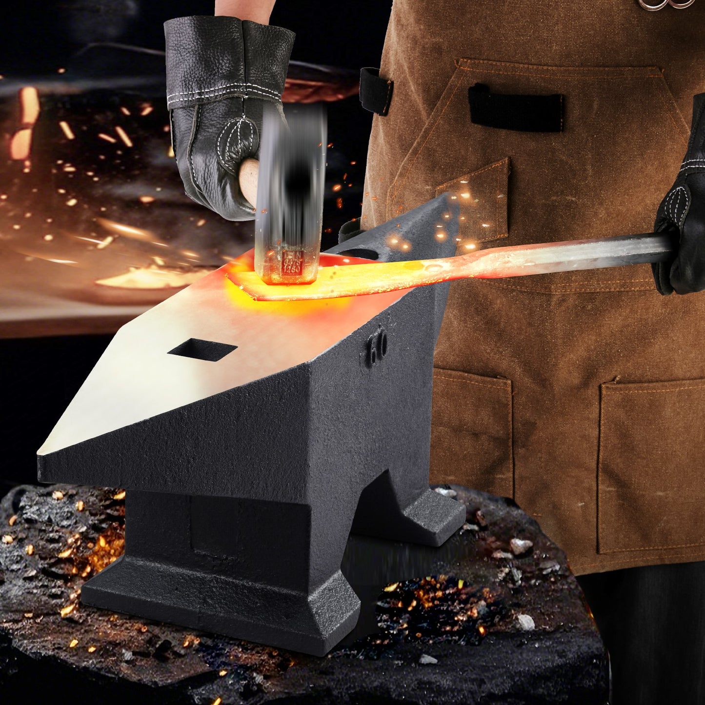 Städ i gjutet stål, 60 kg städ i ett horn med stor bänkskiva och stabil bas, höghårdhet, robust runt hornstäd, smed, för bockning, formning