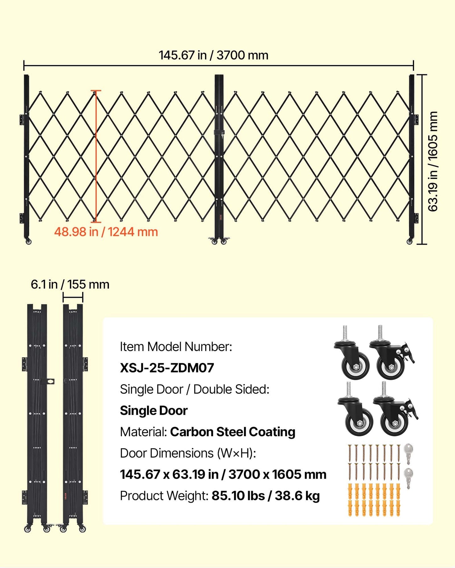 Dubbelfällbar säkerhetsgrind, låsbar saxgrind med 360° svängbara hjul, utfällbara stålgrindar för utomhusbruk, för entrésäkerhet, garage, lager och pool, 370 × 160,5 cm (B × H)