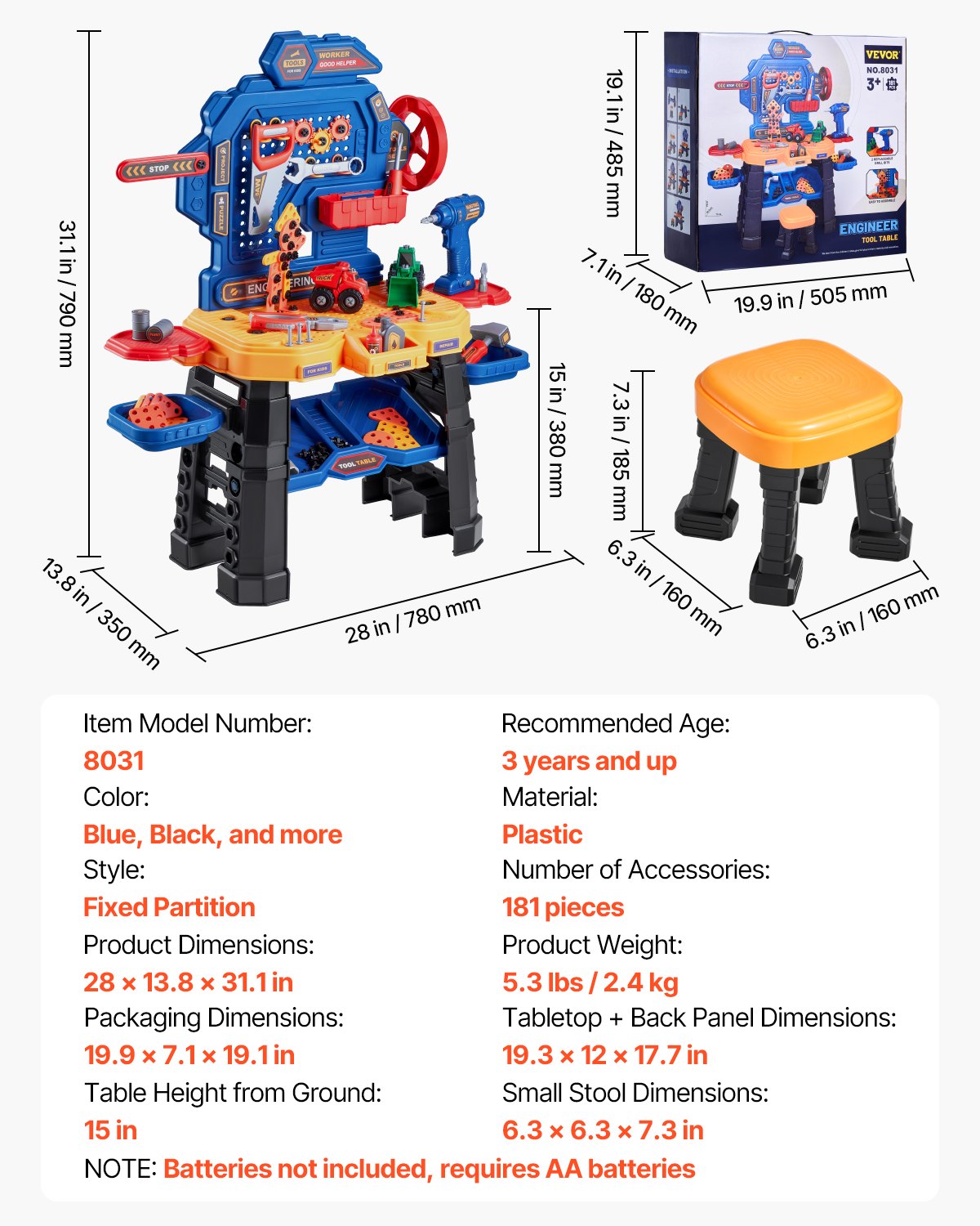 Kids Workbench, 181 pcs, Kids Tool Bench with Realistic Tools and Electric Drill, Pretend Play Construction Workbench Toys for Toddlers, Toddler Work Bench Learning Gift for Boys & Girls Age 3+