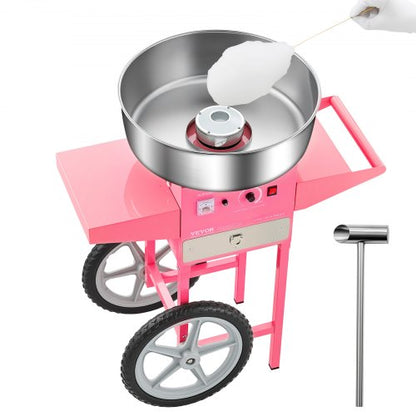 Electric Cotton Candy Machine with Cart, 1000W Commercial Candy Floss Maker with 52cm in Stainless Steel Bowl, Sugar Scoop, and Drawer, Easy to Use, for Home, Kids Birthday, Family Party, Pink